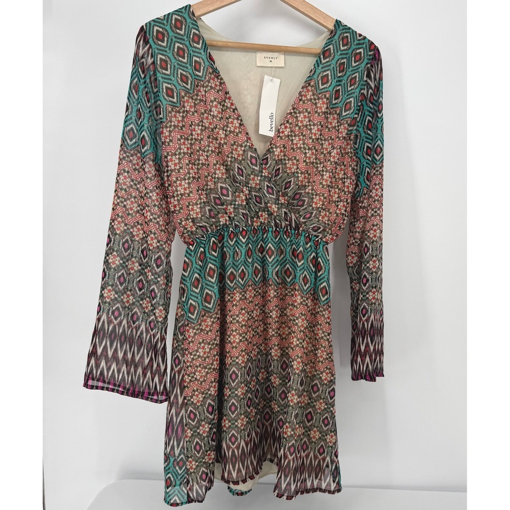 Everly Mini Dress Women Medium Multi Color Boho Print‎ Long Sleeve